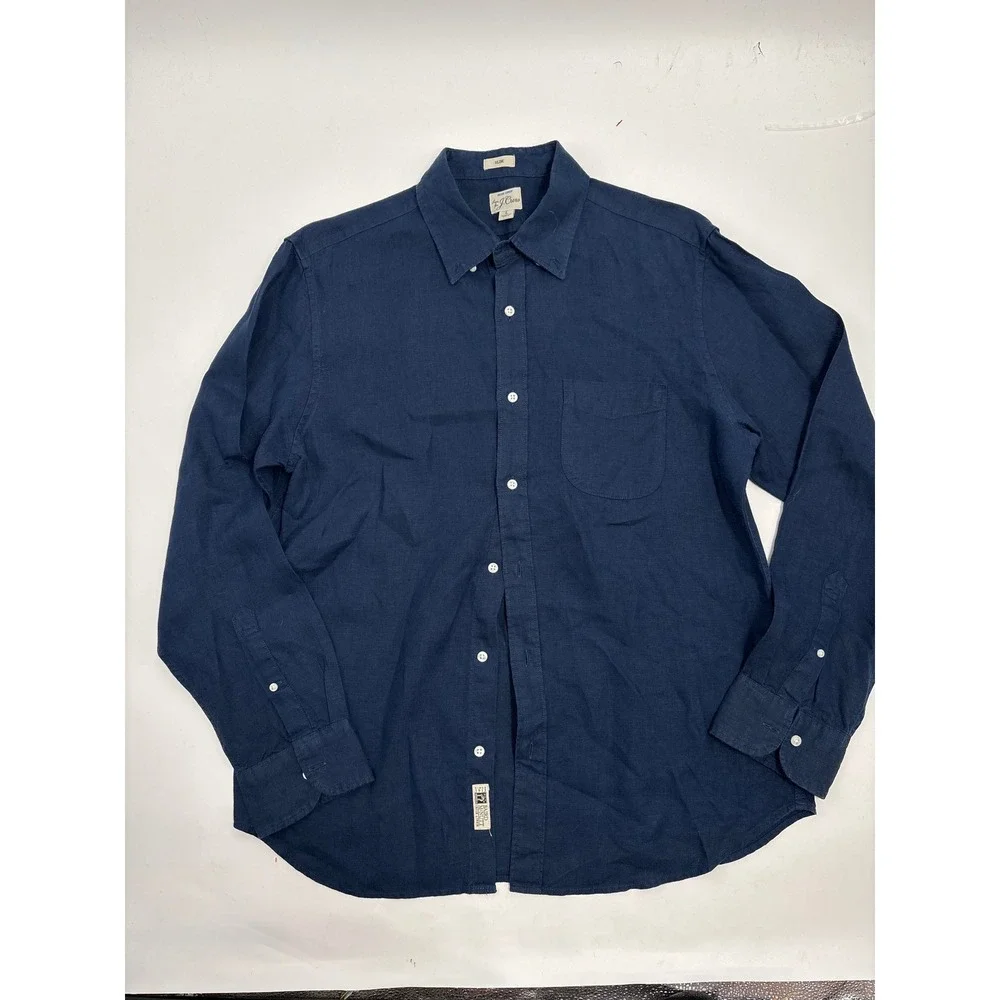 J.Crew Mens Slim Baird McNutt Irish Linen Button Down Shirt Navy Blue Large
